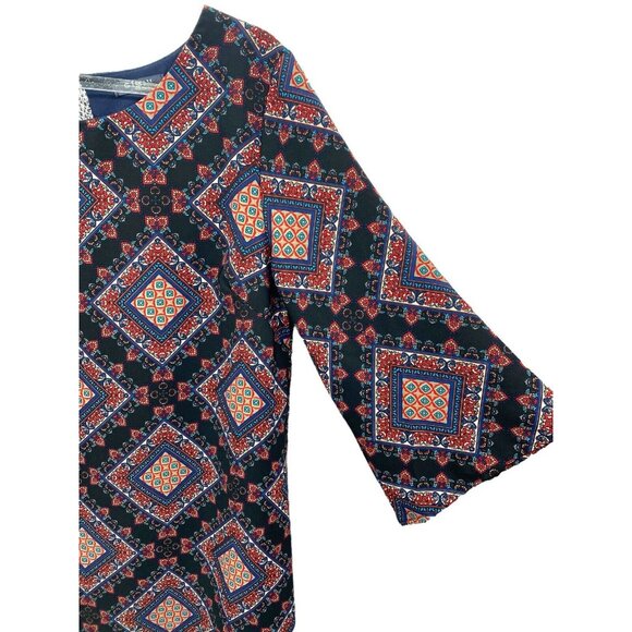 Gibiu Shift Black Geometric Dress Keyhole 3/4 Sleeves‎ Medium Boho 70’s Retro - Picture 2 of 7